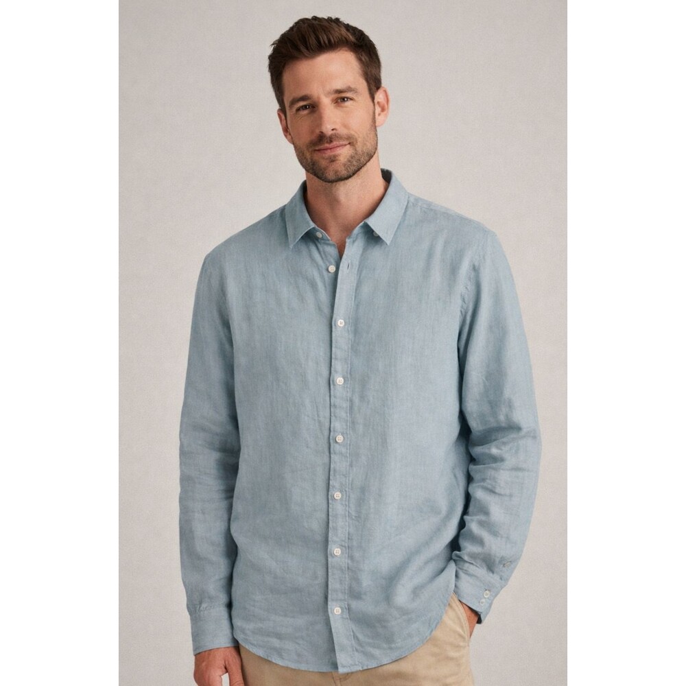 Boden Men's Flax Linen Blend Button Down Shirt Blue Lightweight Casual Size XL